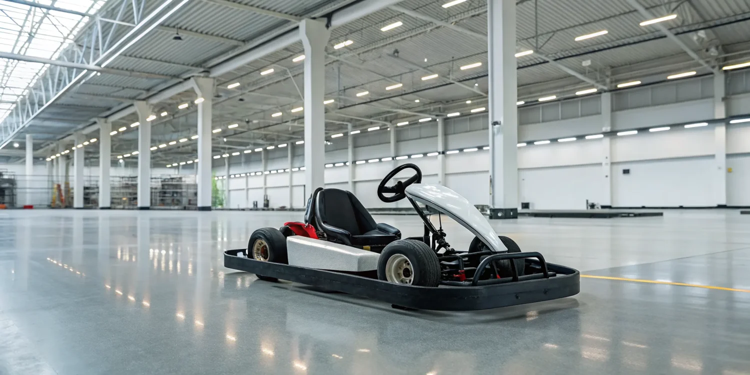 A commercial go kart from a leading go kart manufacturer on an indoor track.