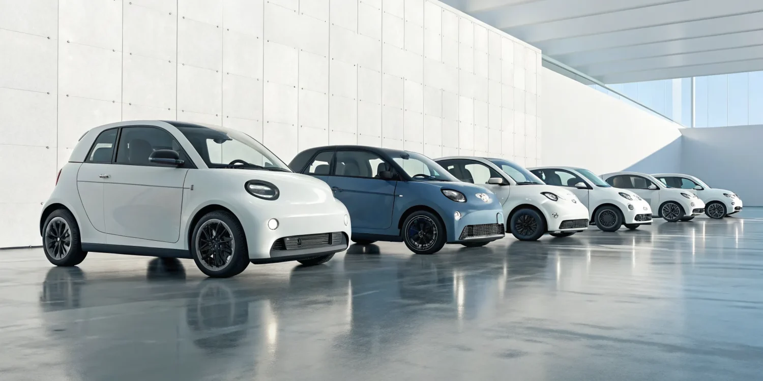 A lineup of street-legal mini electric cars for adults ready for city driving.