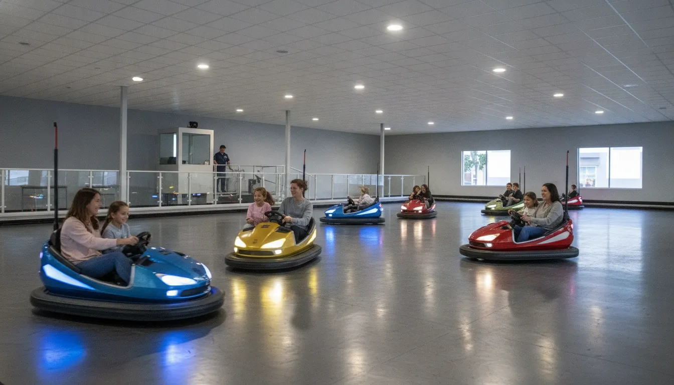 Commercial bumper car attraction in a family entertainment center