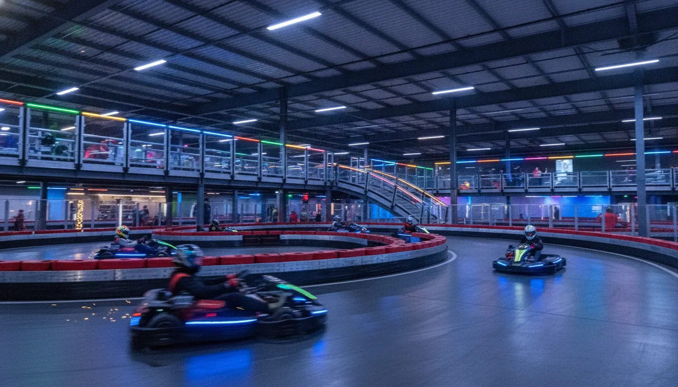 Indoor electric go-kart track with karts racing around a multi-level track with LED lighting and safety barriers