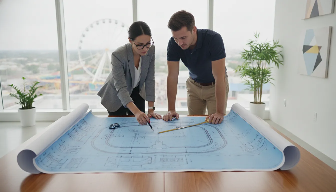 Architect reviewing a commercial bumper car arena floor plan to maximize floor space and guest throughput