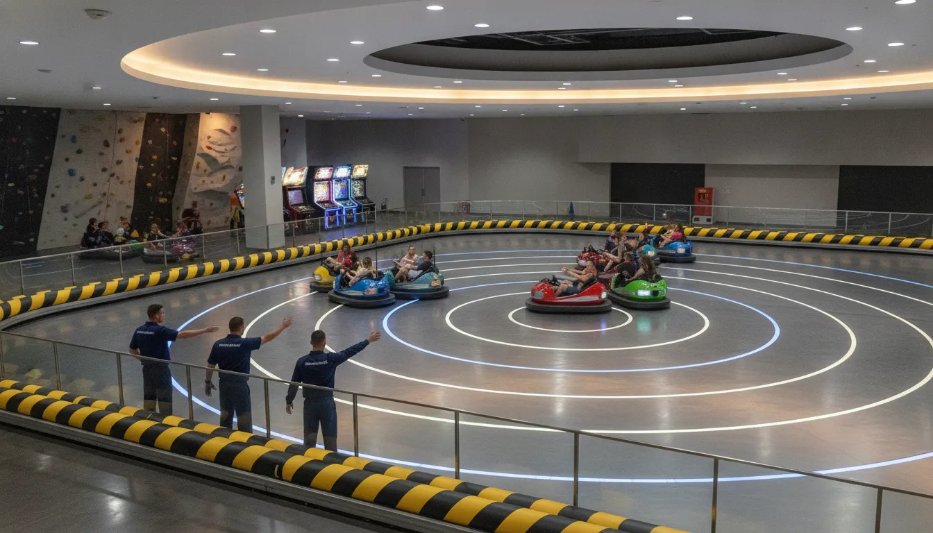Commercial bumper car attraction in a family entertainment center
