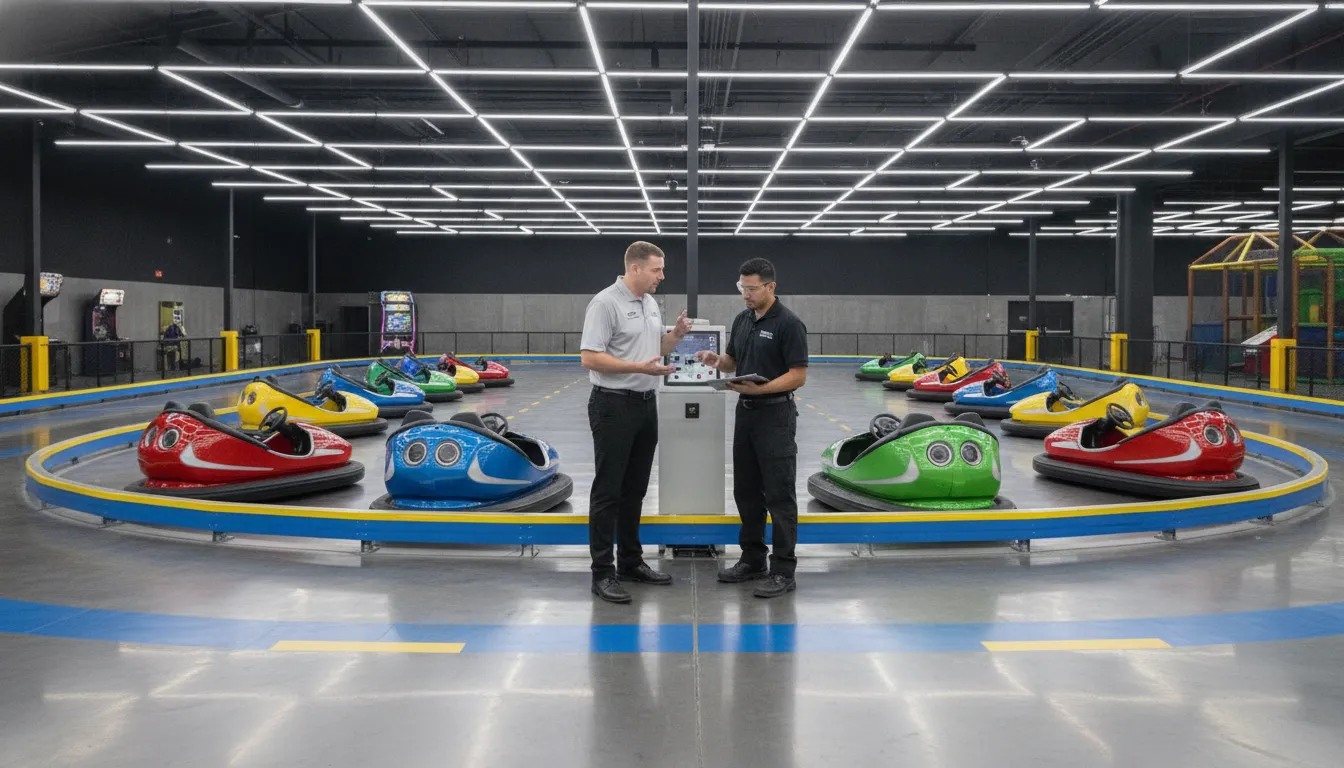 Commercial bumper car arena for a family entertainment center