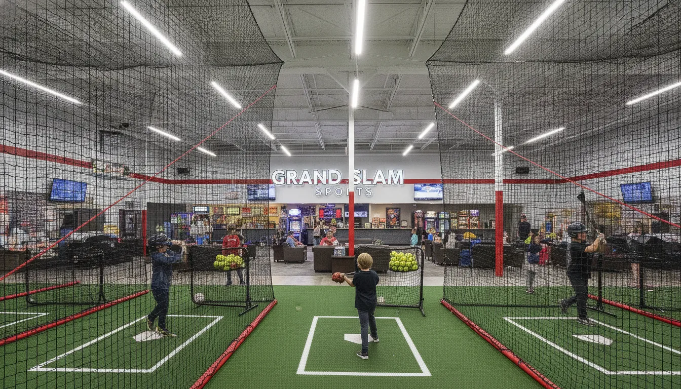 Modern indoor commercial batting cage facility with multiple hitting bays, pitching machines, netting, and professional lighting