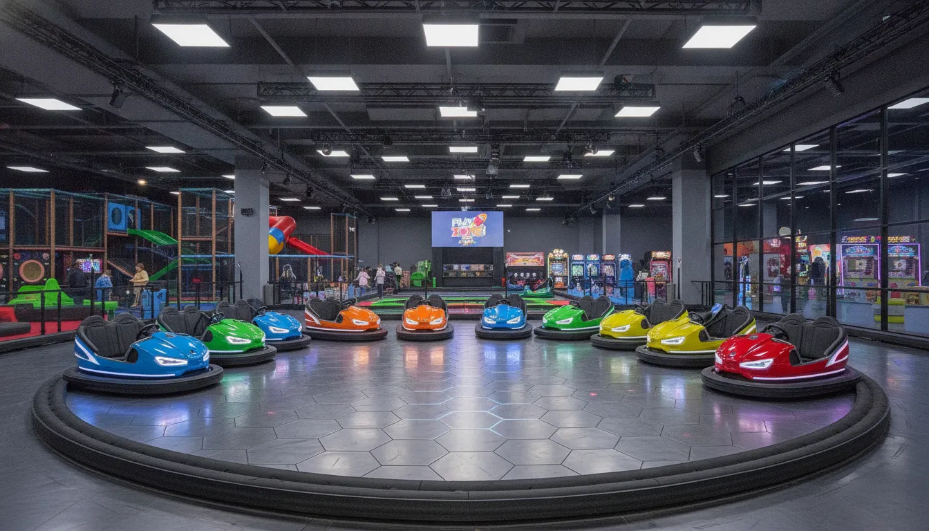 Commercial bumper cars with LED lights and colorful fiberglass shells in an indoor family entertainment center arena setting