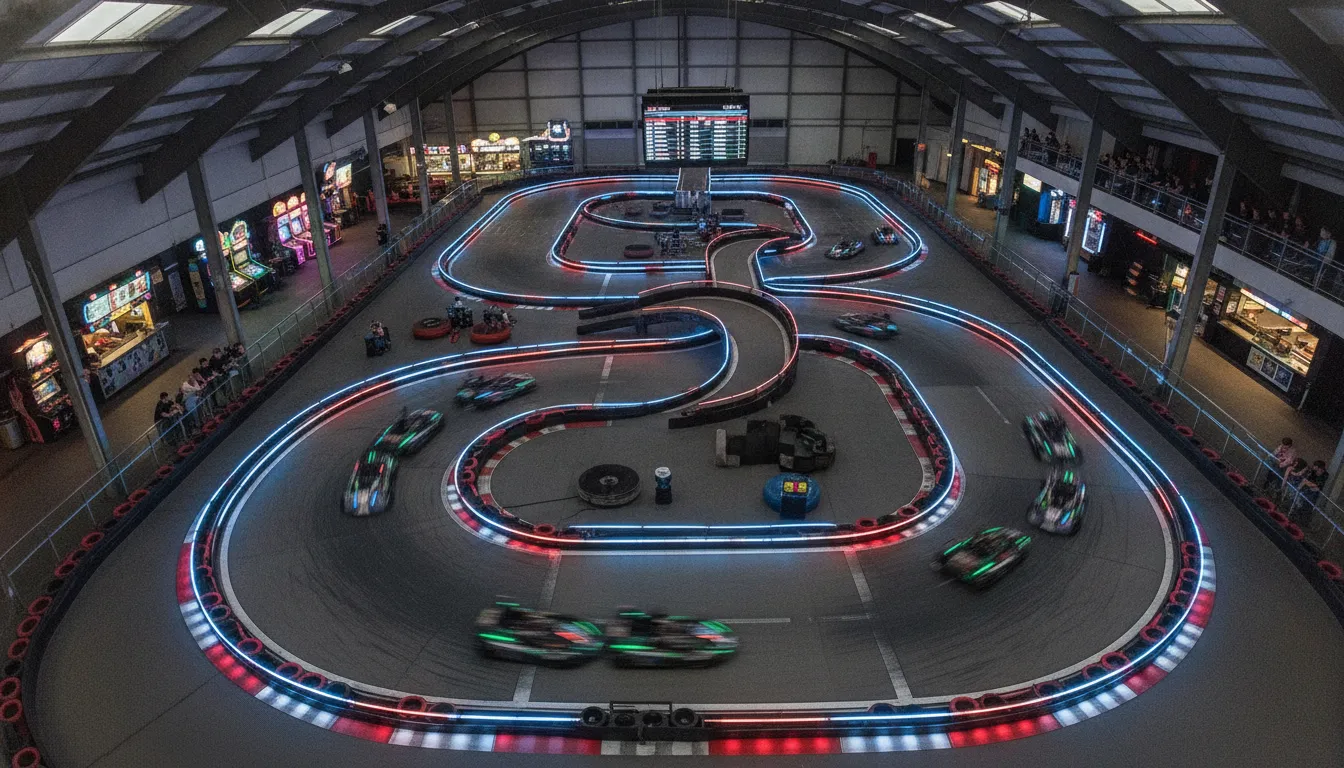 Aerial view of a modern indoor commercial go-kart track with electric racing karts on the course