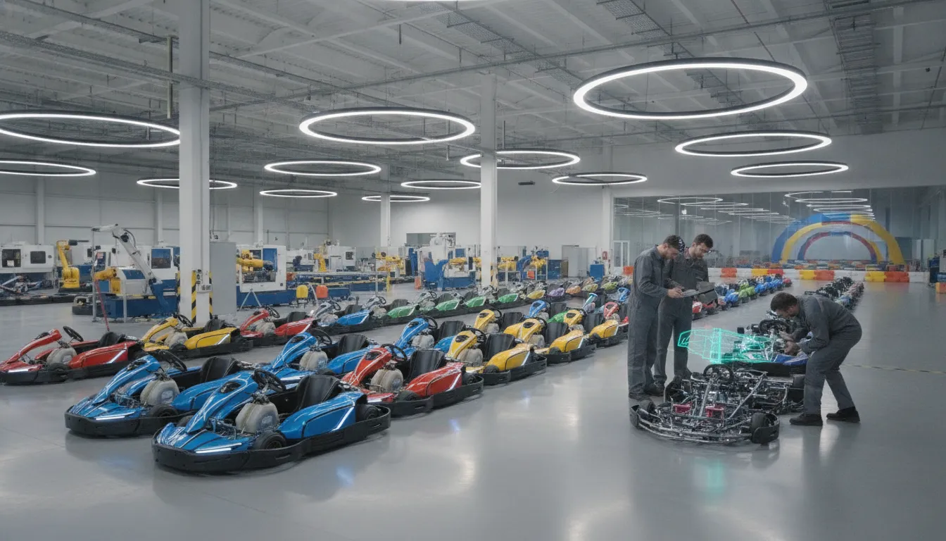 Factory floor with a fleet of commercial electric go-karts on a production line