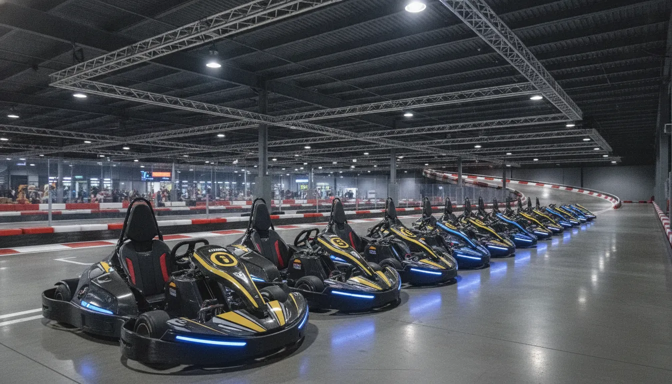 Professional commercial electric go-karts on an indoor race track at a family entertainment center