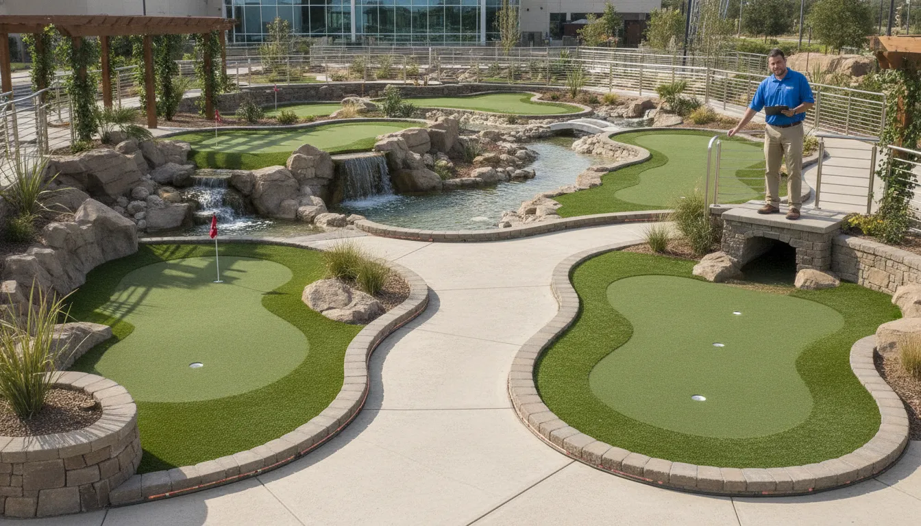 Commercial miniature golf course designed for high-throughput FEC operations