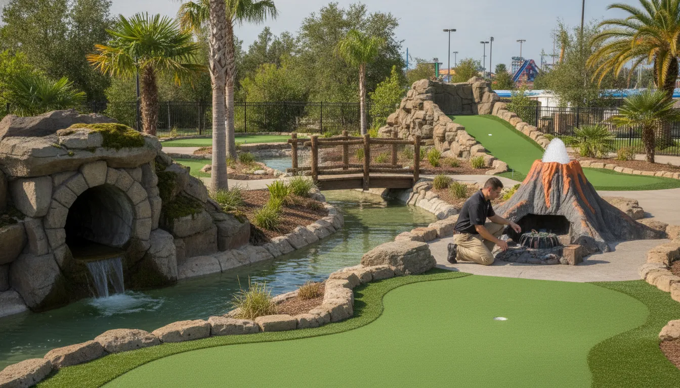 Durable commercial mini golf obstacles on an FEC course