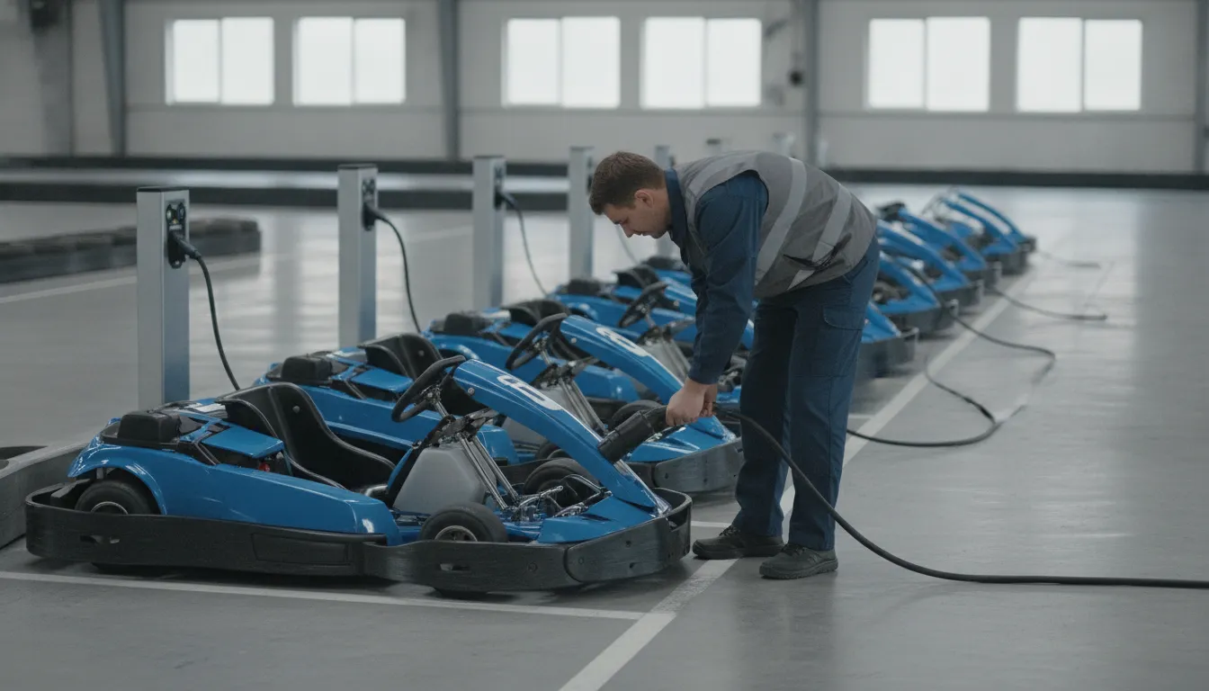 Technician connecting a charging cable to an electric go-kart on a commercial family entertainment center track