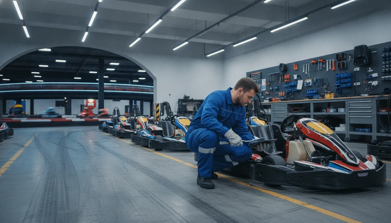 FEC maintenance technician inspecting electric go-karts in a commercial track service bay