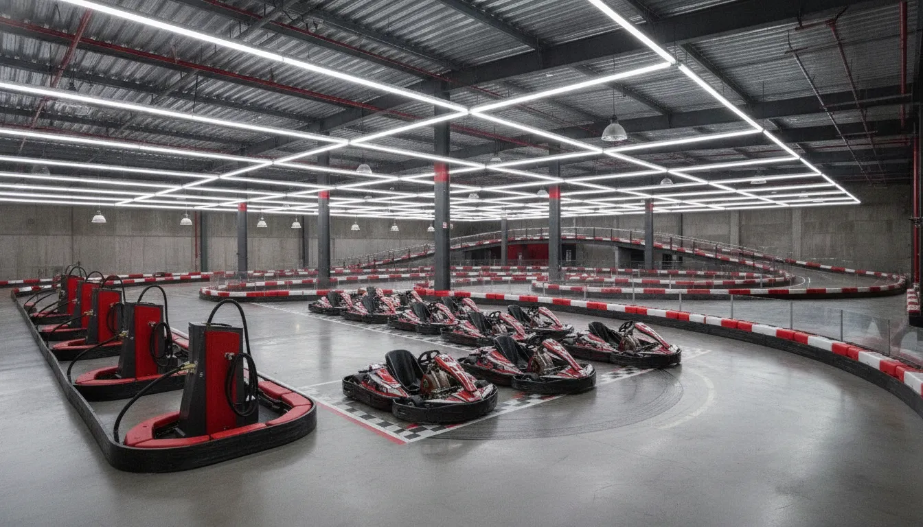 Modern indoor electric go-kart track with safety barriers and karts lined up at a commercial FEC facility