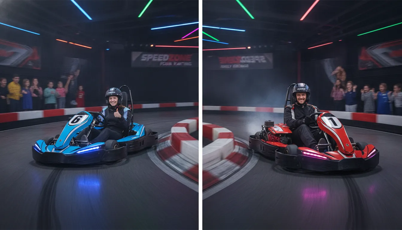 Electric go kart racing on track at family entertainment center