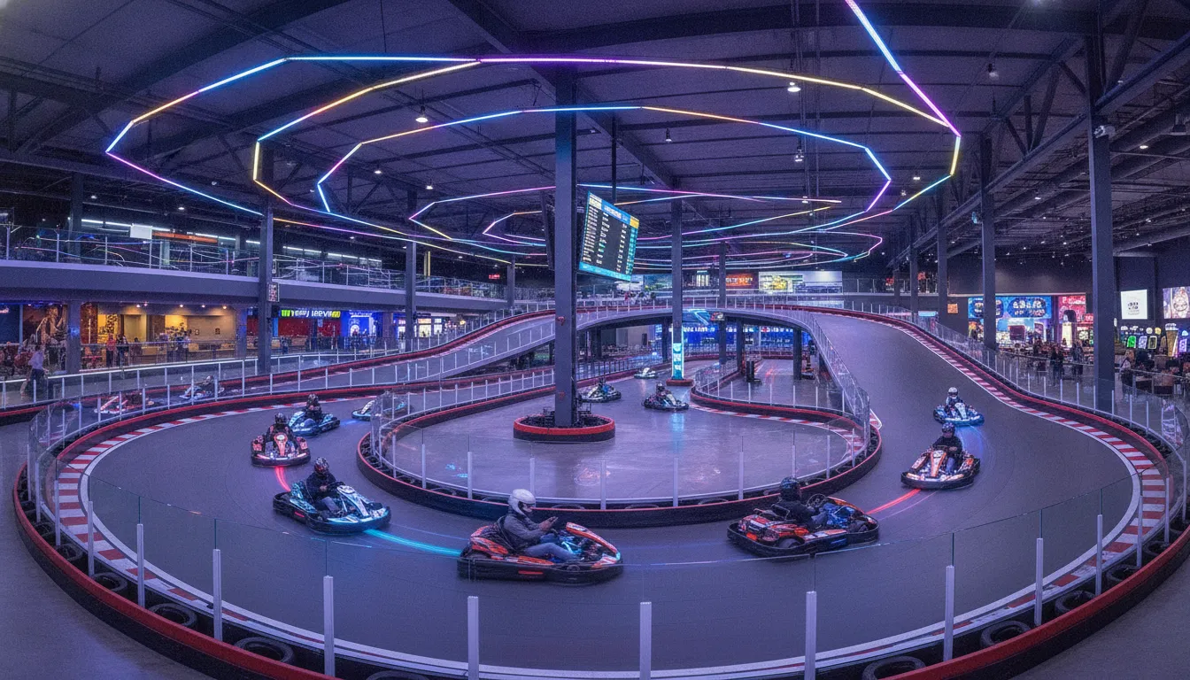 Modern indoor go-kart track with electric and gas go-karts at a family entertainment center