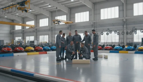 FEC operators reviewing commercial amusement equipment in a manufacturing facility