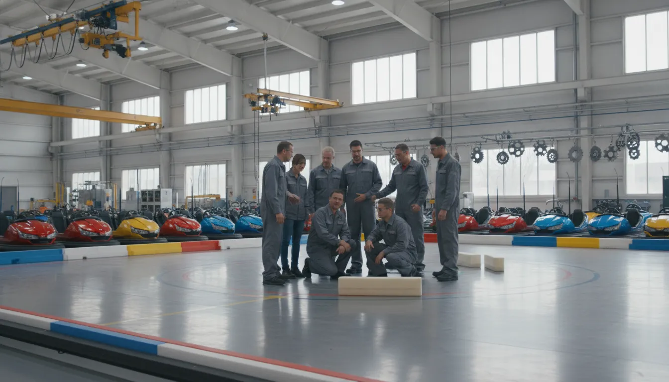 FEC operators reviewing commercial amusement equipment in a manufacturing facility