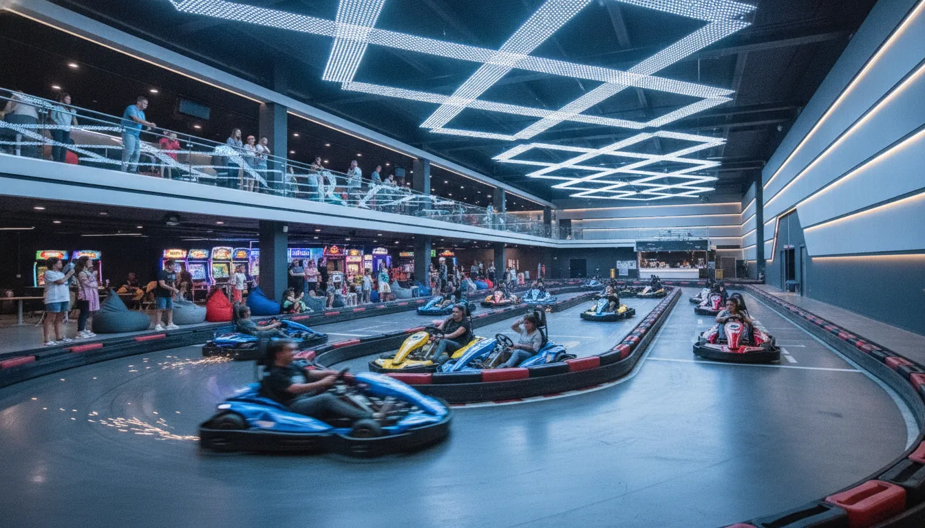 Families watching electric go-karts race inside a bright indoor track at a family entertainment center