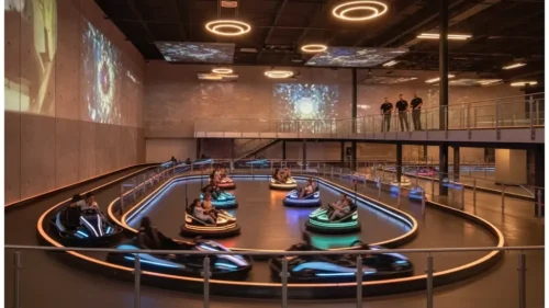 Modern family entertainment center with electric go-karts and interactive attractions