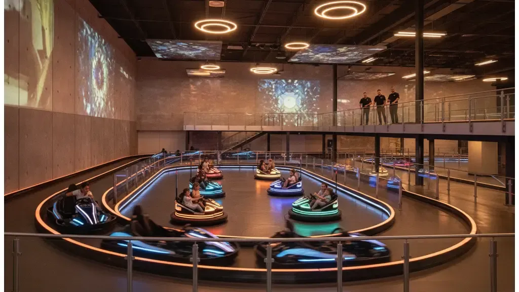 Modern family entertainment center with electric go-karts and interactive attractions