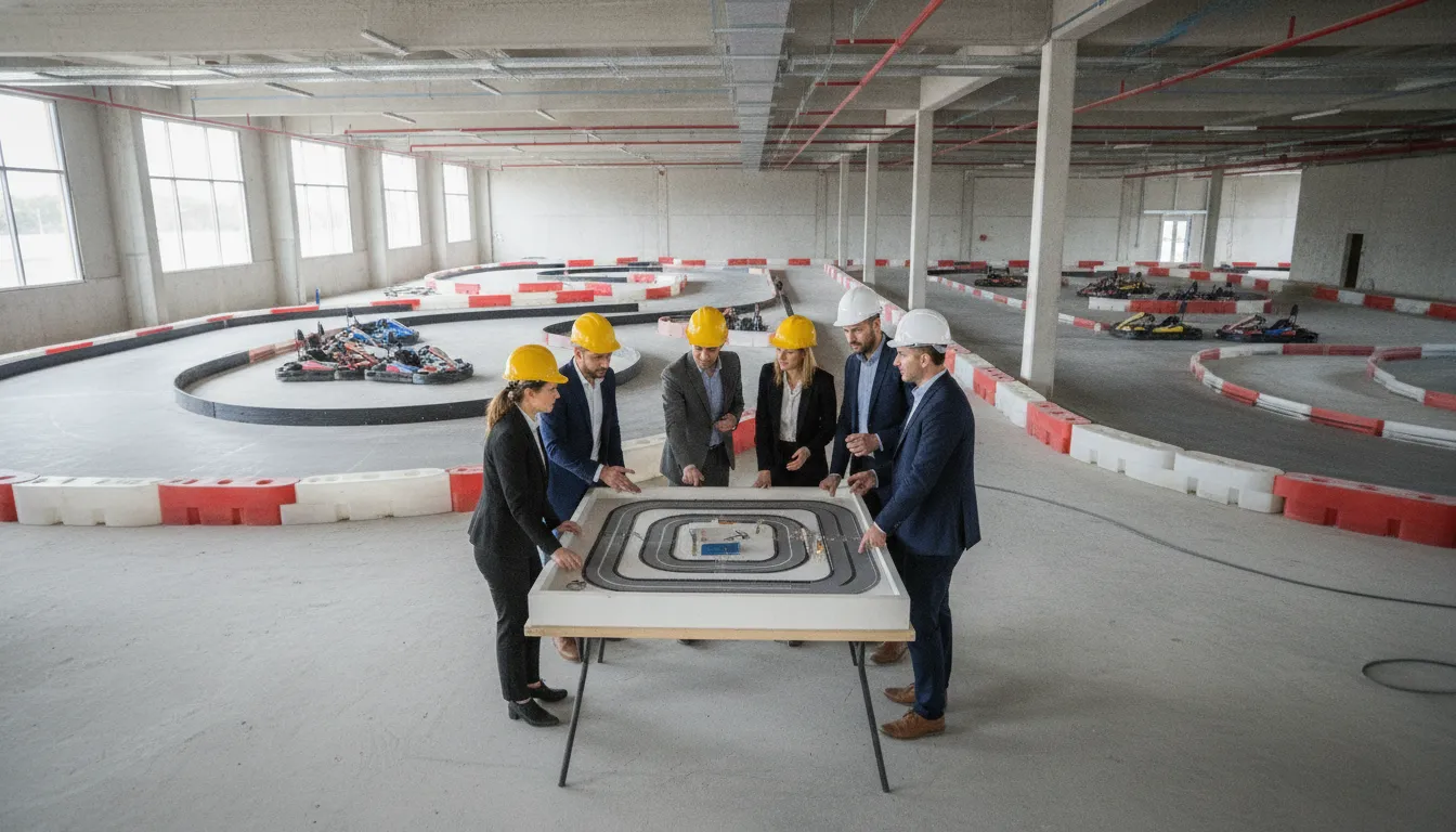 FEC operators planning an electric go-kart track inside an entertainment center