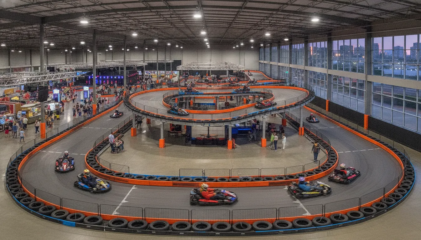 Modern indoor go-kart track with banked curves and protective barriers in a family entertainment center