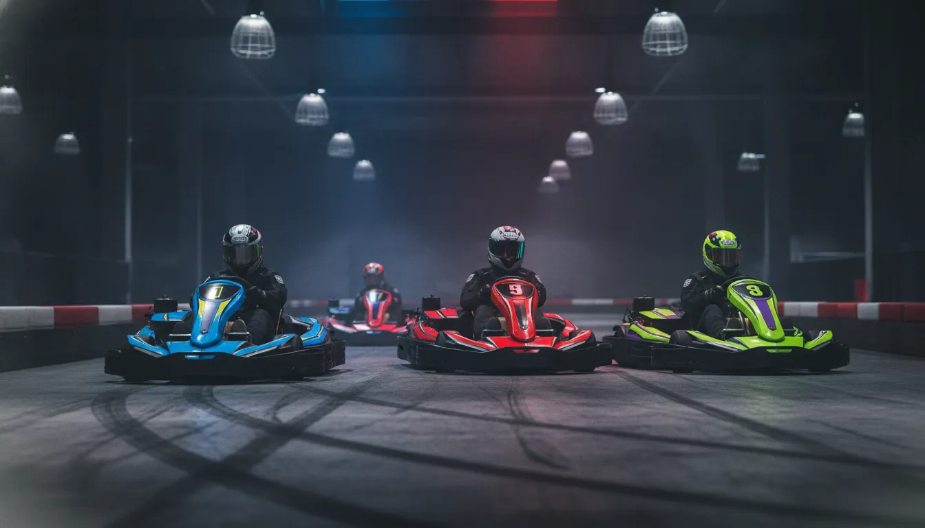 Staff in safety vests assisting electric go-kart riders at a commercial family entertainment center track