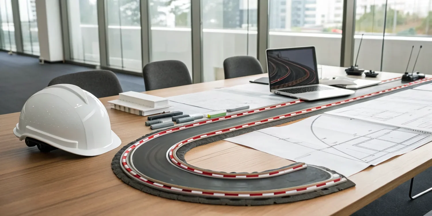 Planning the cost to build a go-kart track with blueprints and a hard hat.
