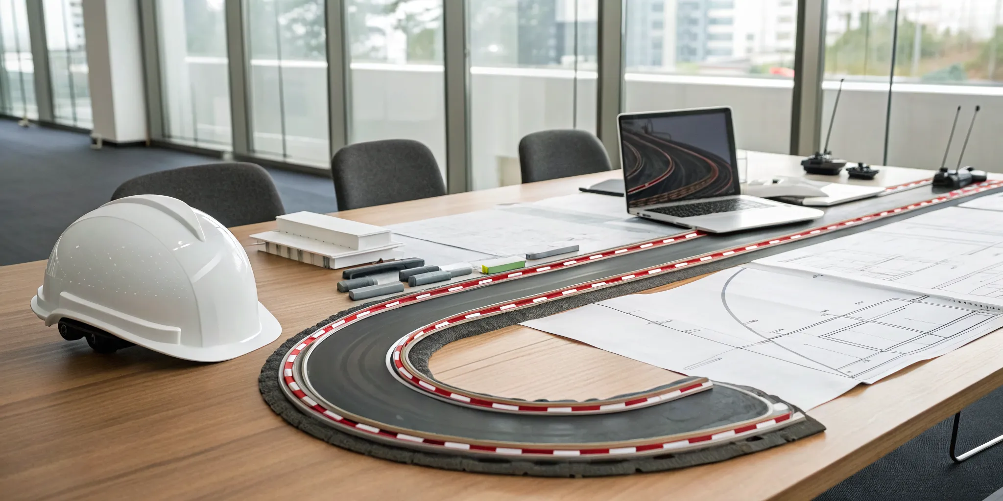 Planning the cost to build a go-kart track with blueprints and a hard hat.