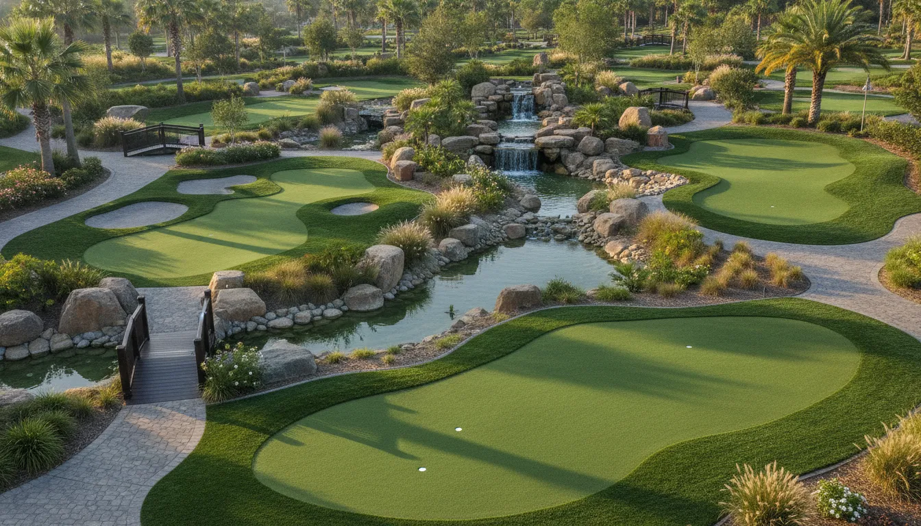 Commercial miniature golf course with elevated greens, water features, accessible paths, and professional landscaping