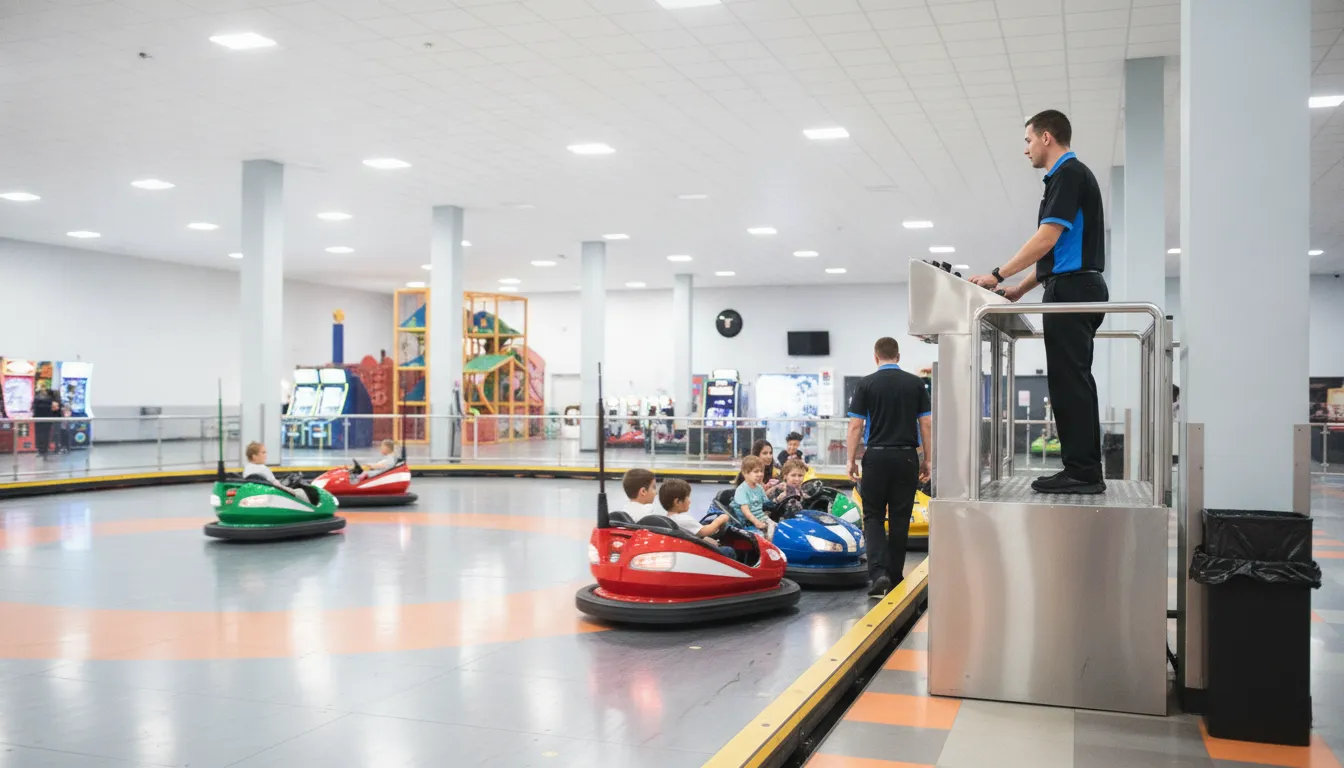 Staff operating a commercial bumper car attraction in a family entertainment center
