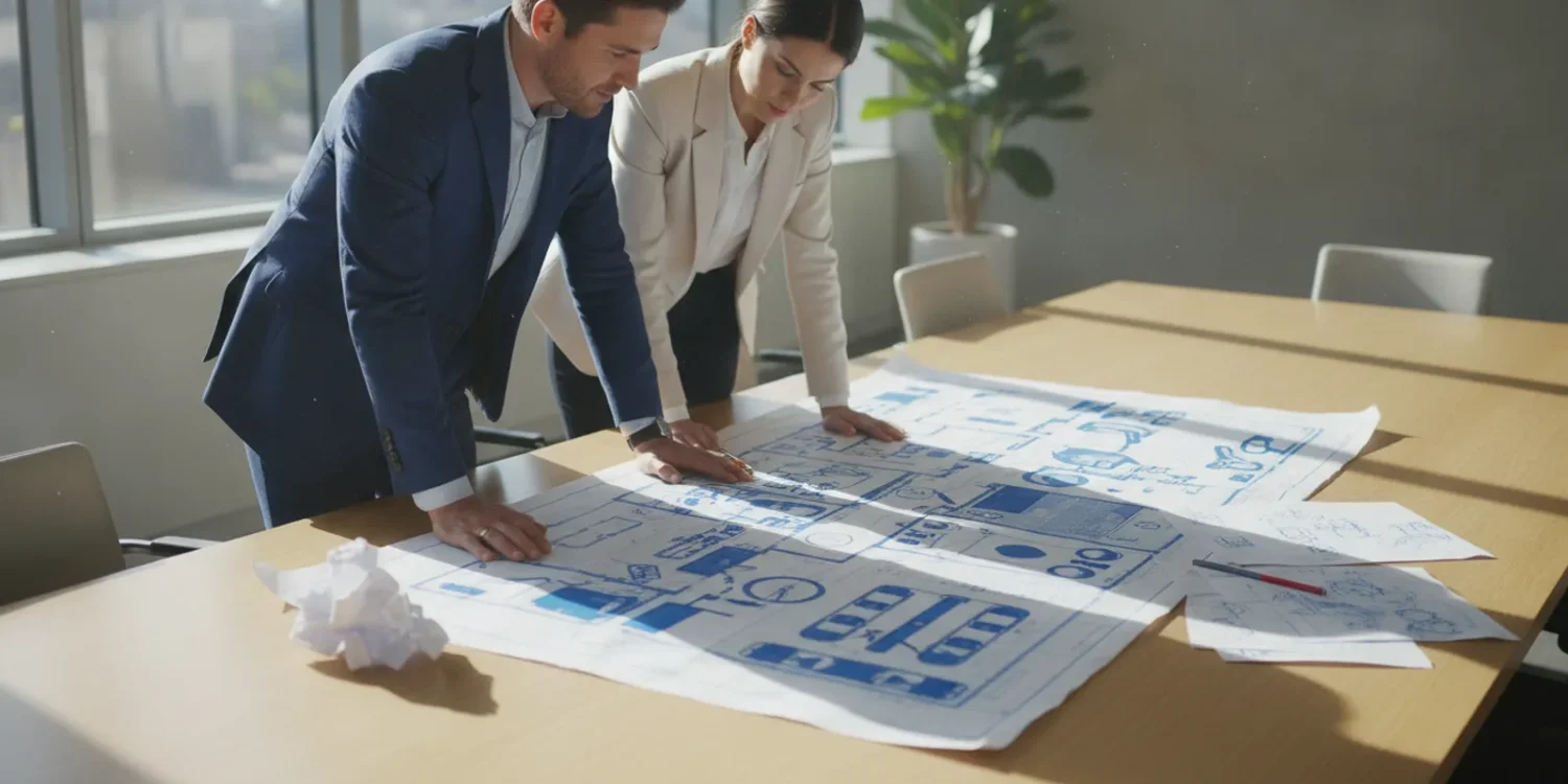 Family entertainment center planning session with a floor plan and attraction layout
