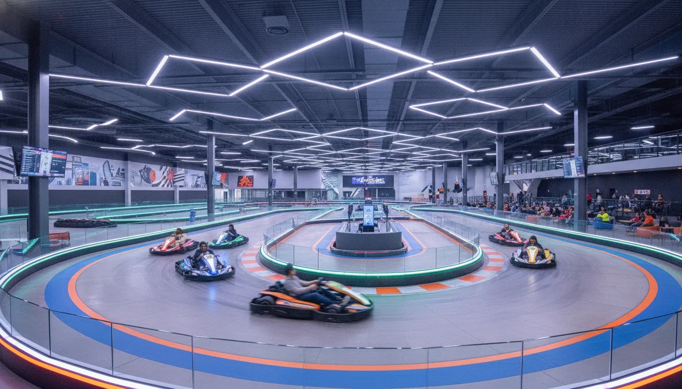 Indoor electric go-kart track with modern lighting and multiple karts racing
