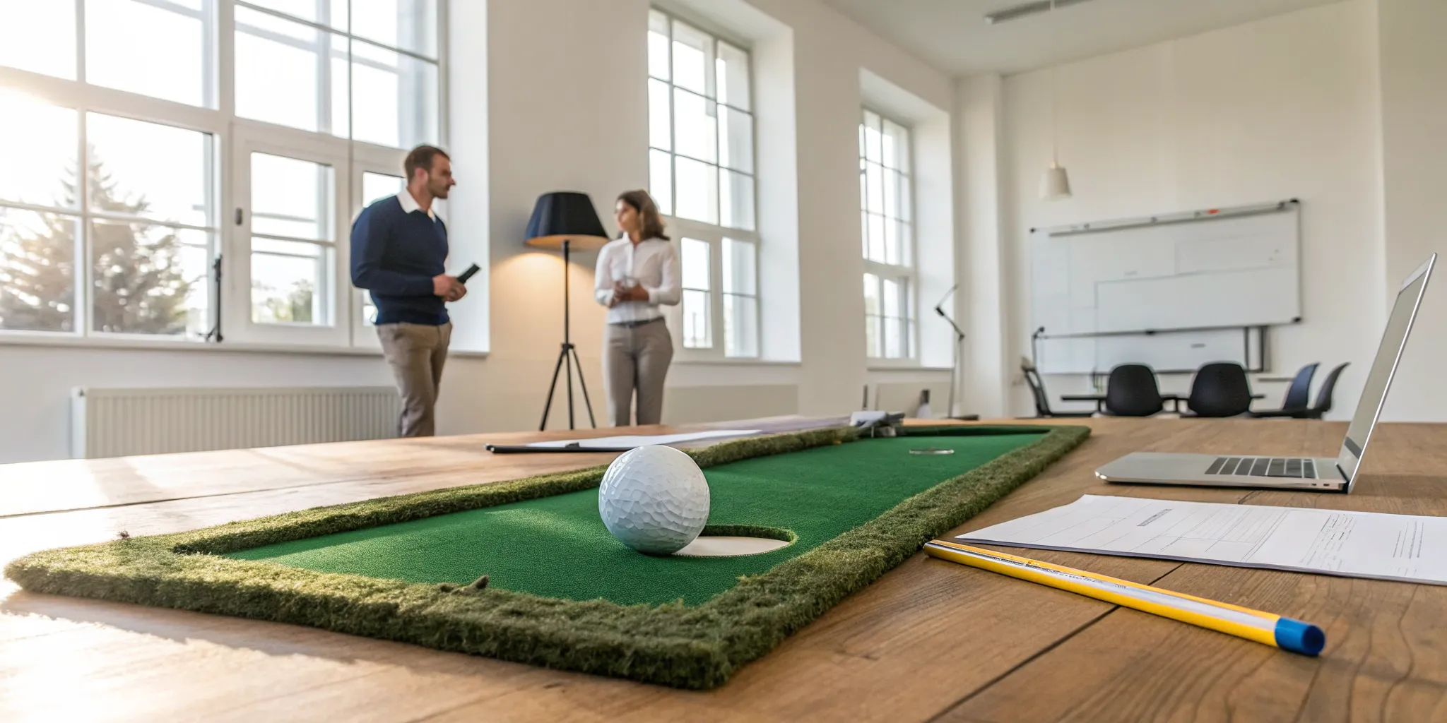 Planning how to start a mini golf business with a small putting green, laptop, and paperwork on a desk.