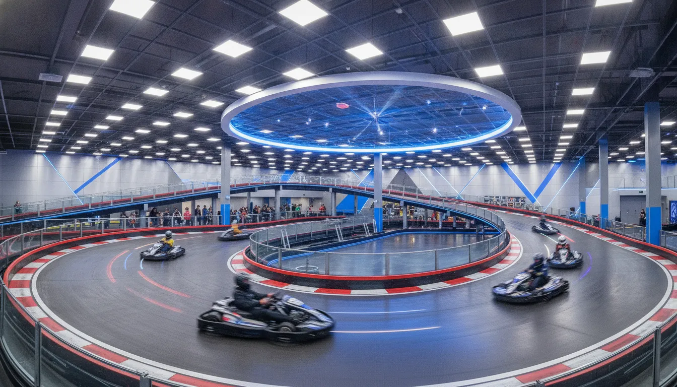 Indoor electric go-kart track inside a modern family entertainment center