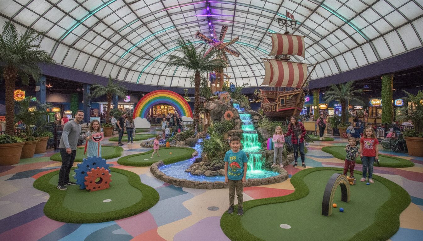 Indoor miniature golf course at a family entertainment center with colorful features, waterfalls, and guests enjoying the putt-putt attraction