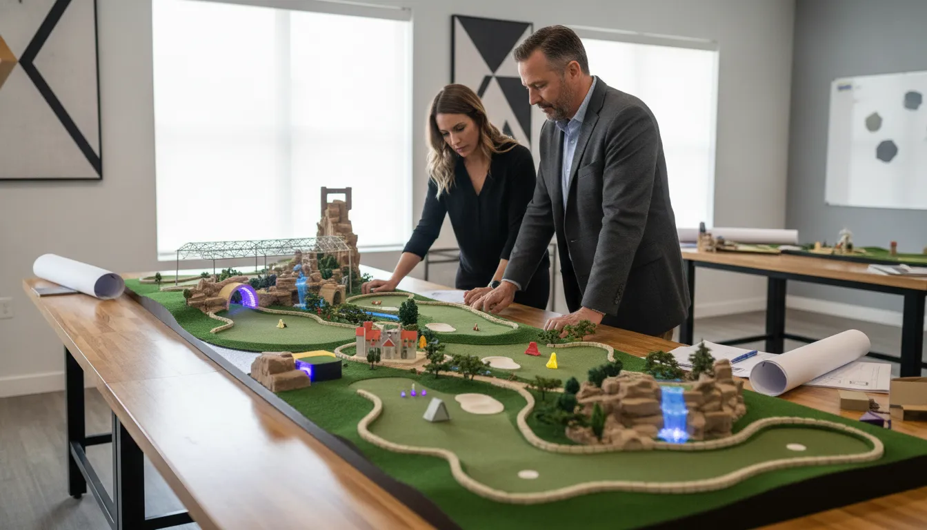 FEC operator and course designer reviewing indoor and outdoor miniature golf layouts