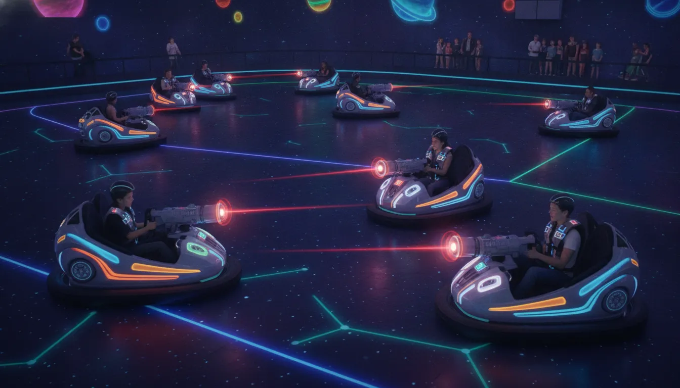 LazerFury 360 interactive bumper car attraction arena with a glowing FURY vehicle