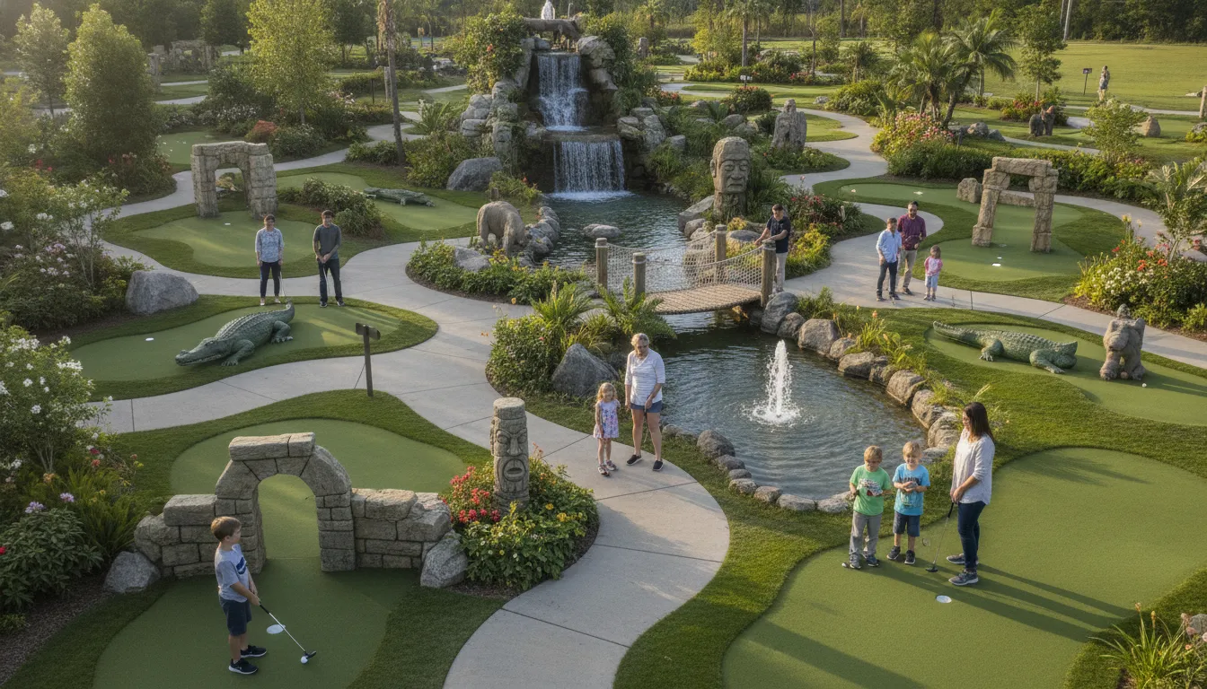 Commercial miniature golf course with themed holes, varied elevations, water features, and accessible guest pathways