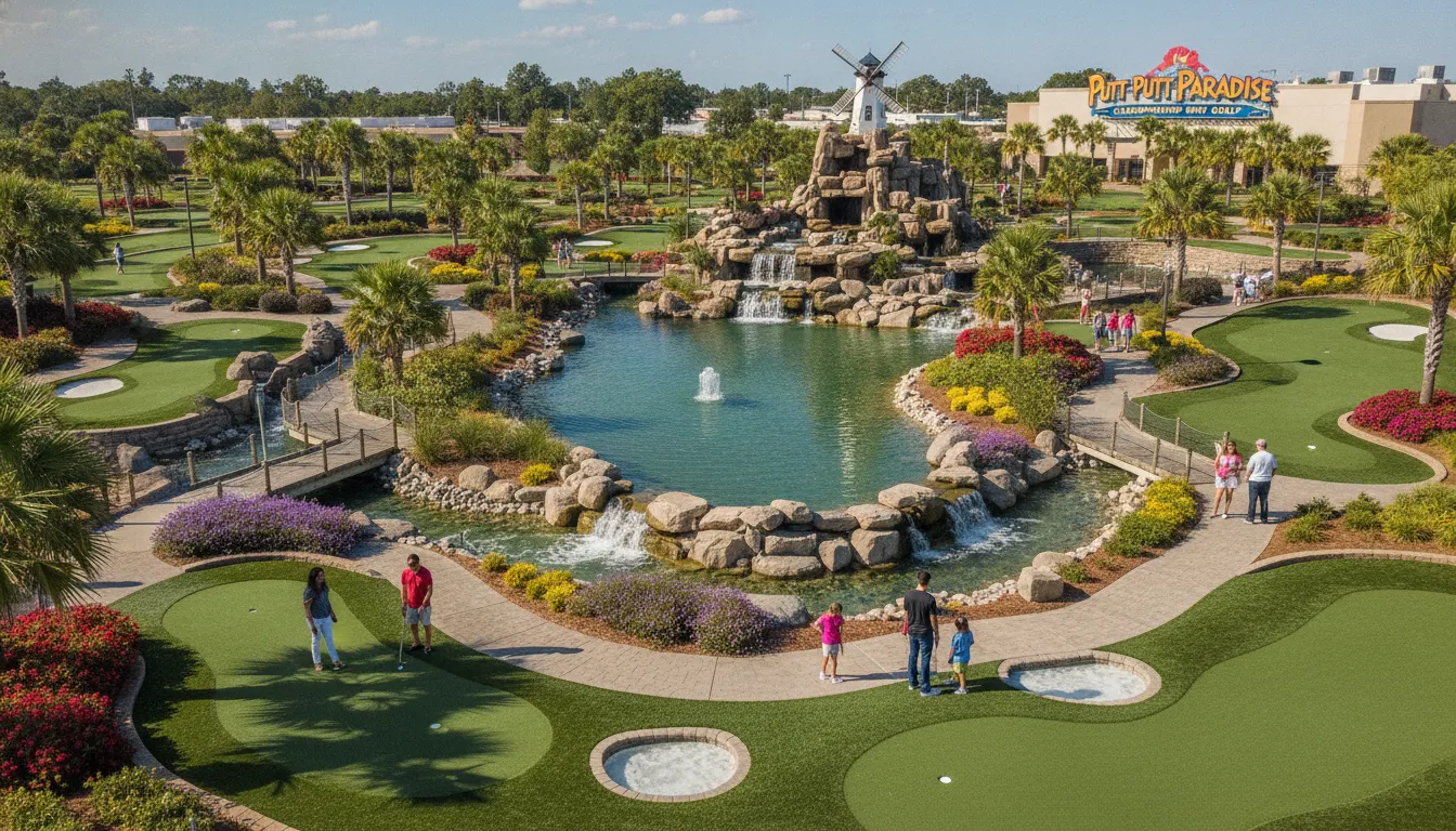 A championship miniature golf course with water features, elevation changes, and professional landscaping at a family entertainment center