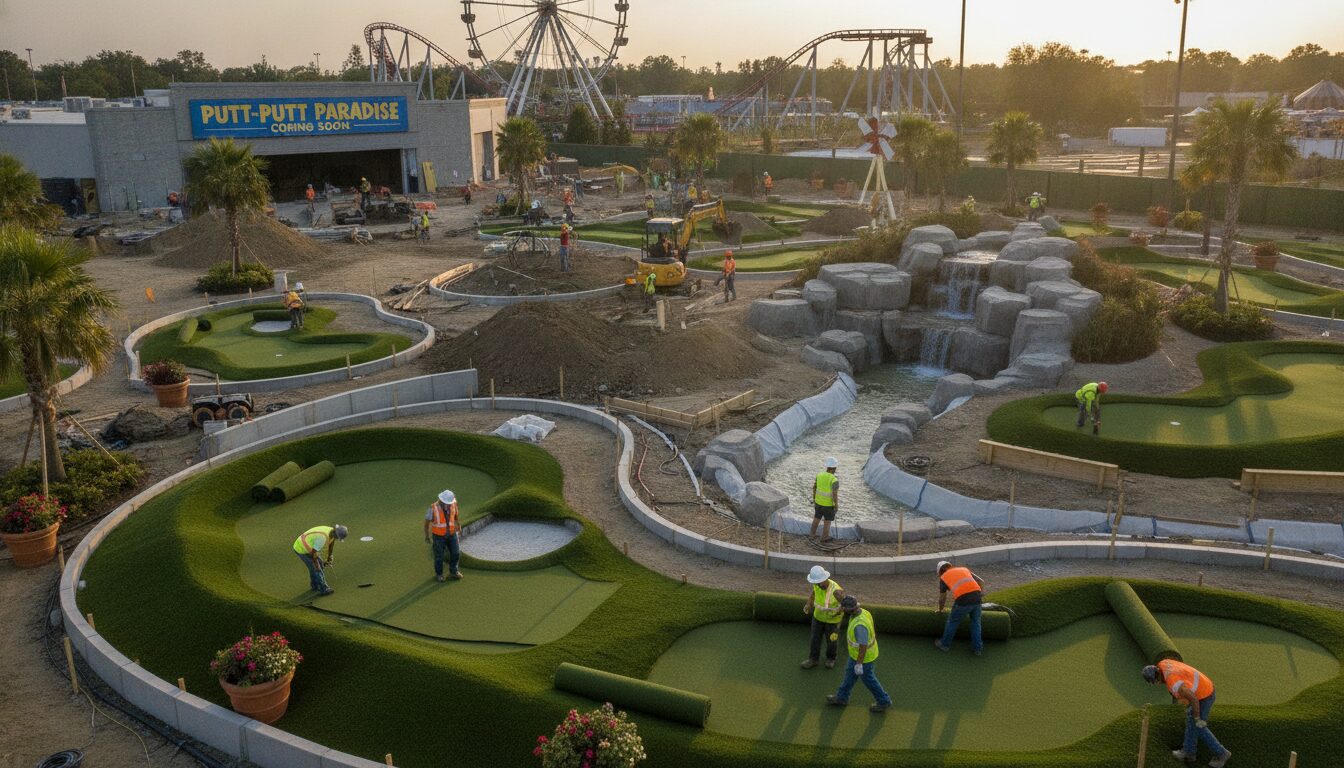 Professional championship miniature golf course construction with workers installing turf, water features, and elevation changes for a family entertainment center