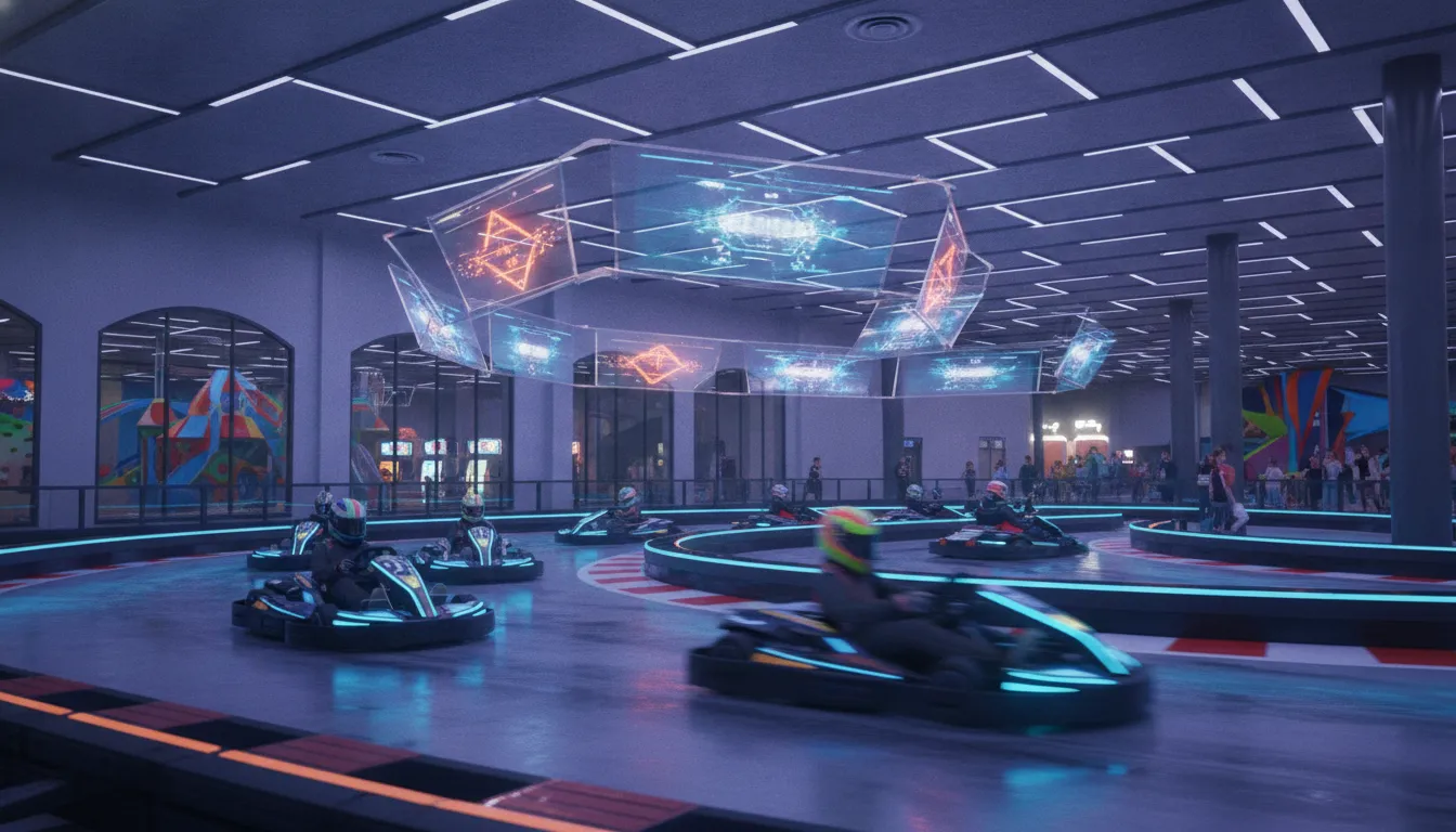 Electric go-karts racing on a modern indoor track at a family entertainment center