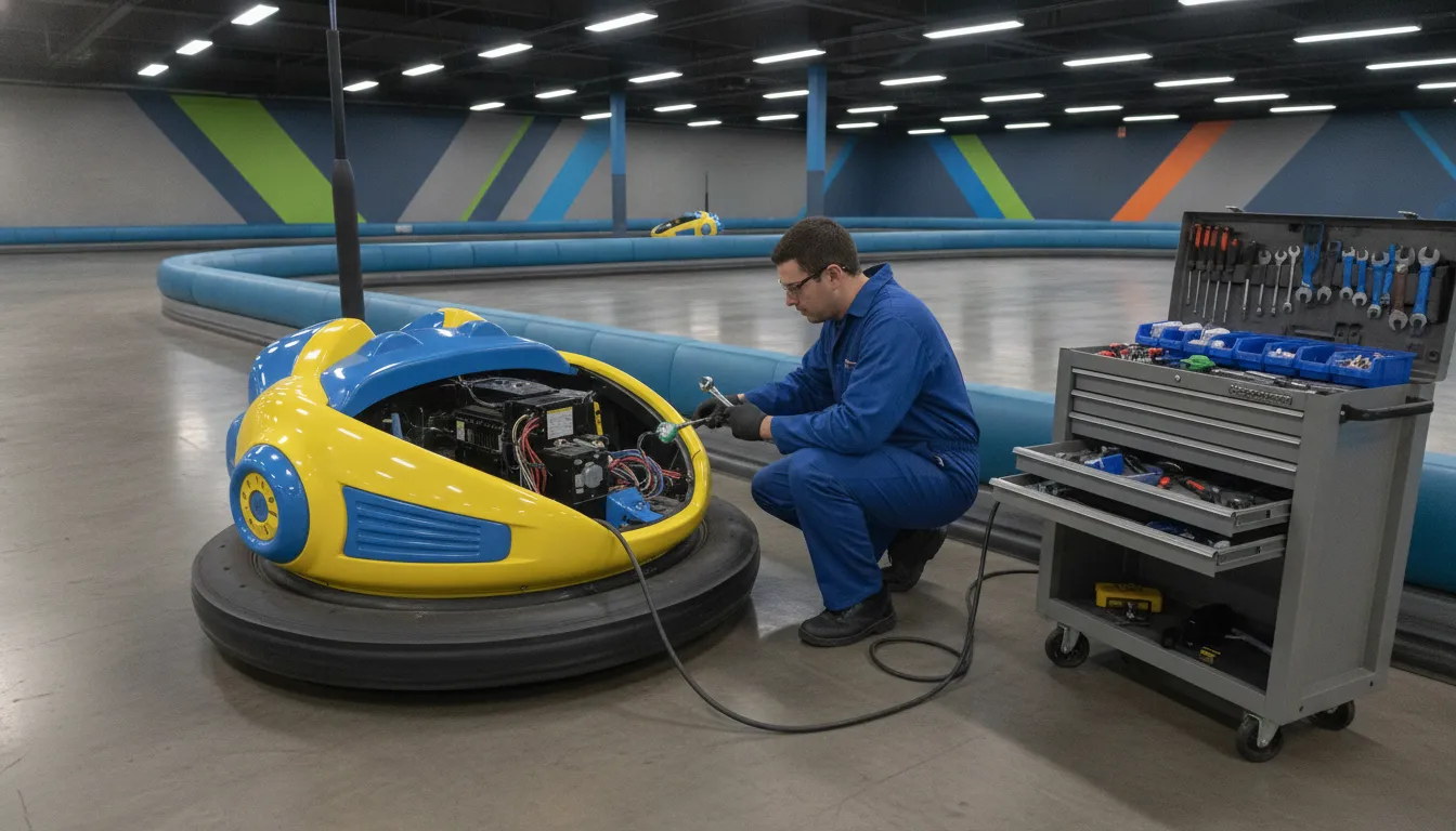 Technician inspecting a Spin Zone bumper car in a commercial FEC