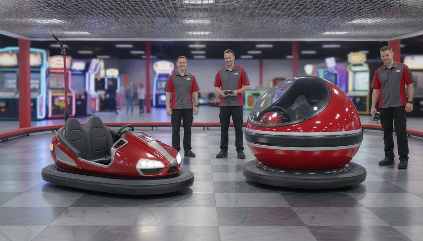 Modern battery-powered Spin Zone bumper cars in a commercial FEC arena