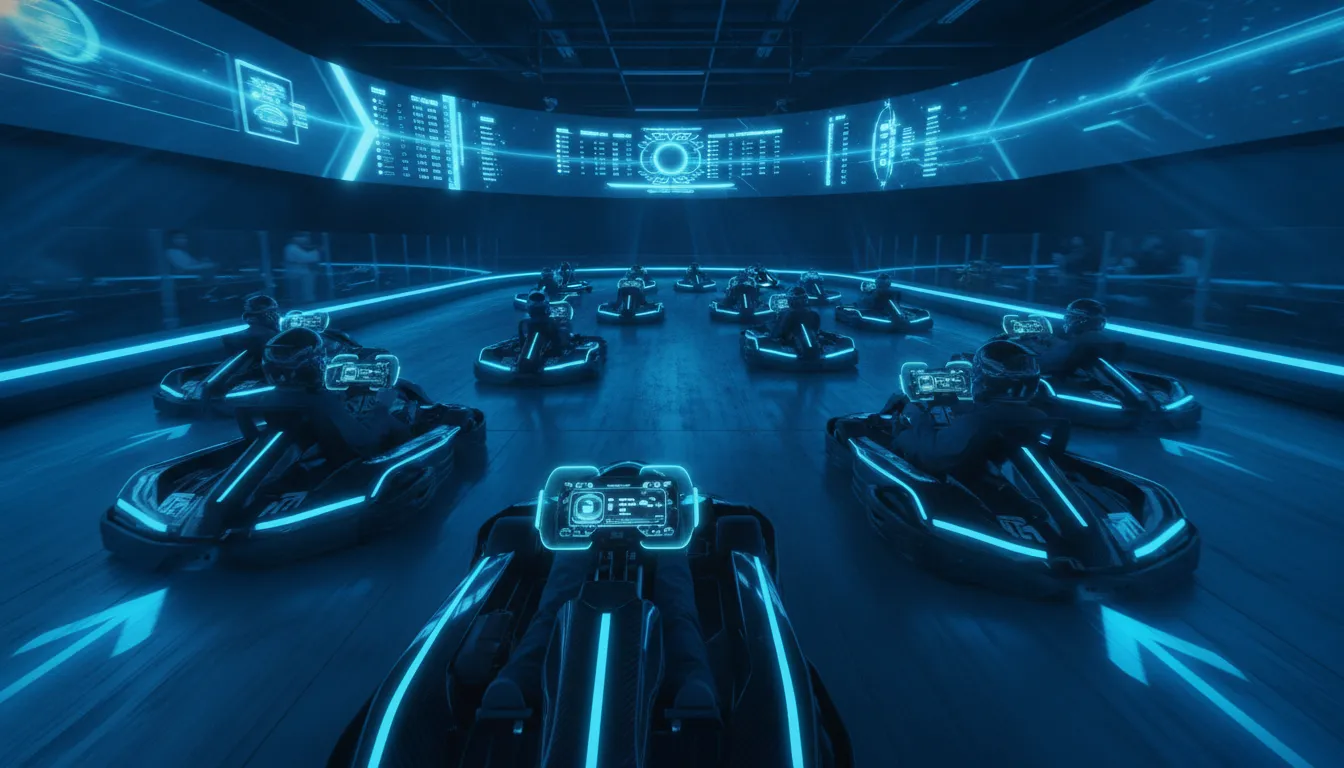 Electric go-kart on an indoor track with LED lighting and digital control display