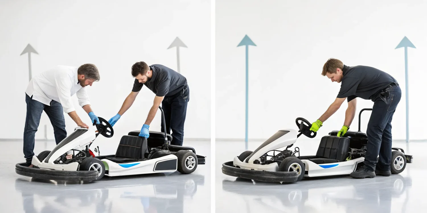 Technician safely performing a ThunderVolt go-kart battery replacement.