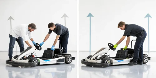 Technician safely performing a ThunderVolt go-kart battery replacement.