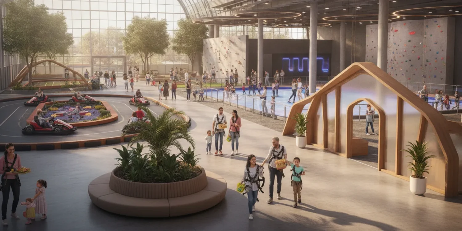 Families enjoying a mix of indoor attractions at a family entertainment center
